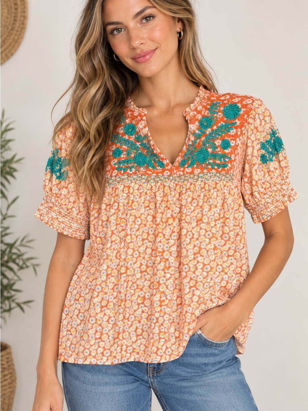 Sister Mary Floral Embroidered Coral Blouse Teal Boho Peasant Top Cottagecore